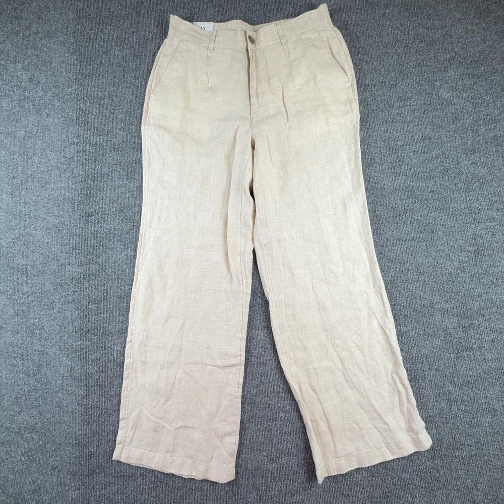 Lands' End Pants Womens 12 Beige Linen High Rise Wide Leg Elastic Waist Casual